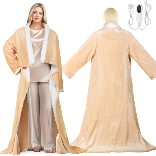 Cozy Up with the Electric Wearable Heated Blanket - Flannel & Sherpa with Foot Pocket and Sleeves